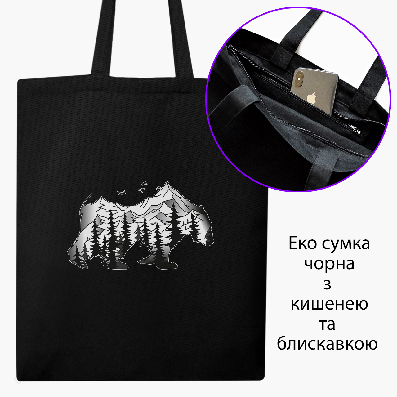 

Эко сумка шоппер на молнии Медведь (Bear) (9227-1988) 41x35 см Черный
