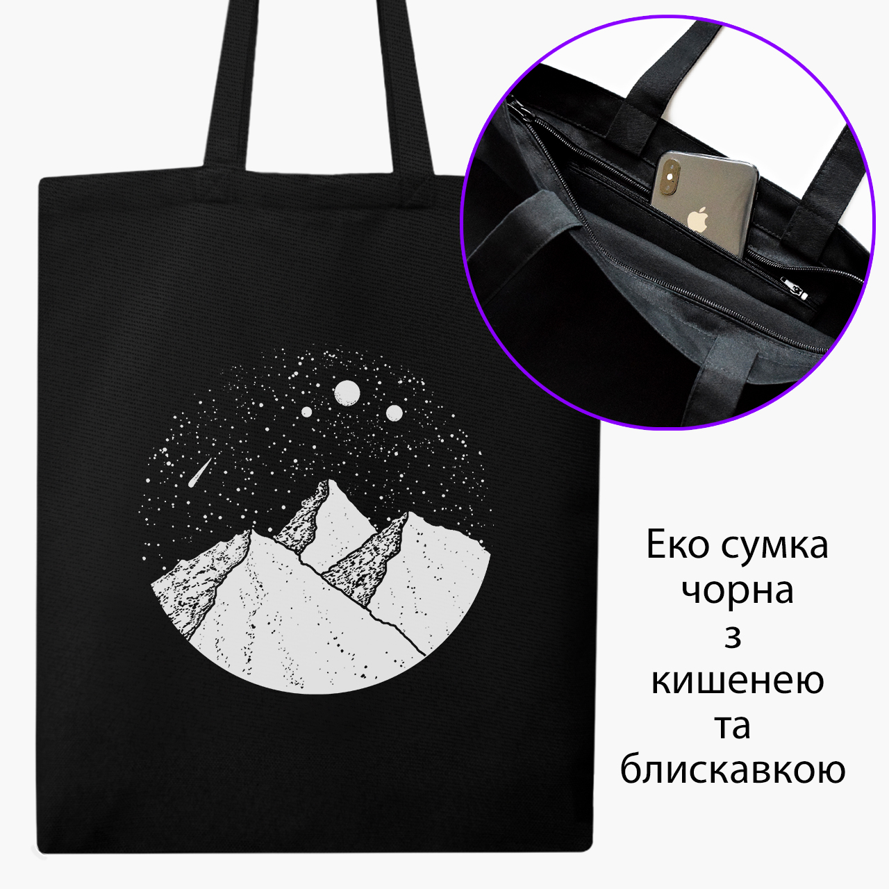 

Эко сумка шоппер на молнии Звездные горы (9227-2846) 41x35 см Черный