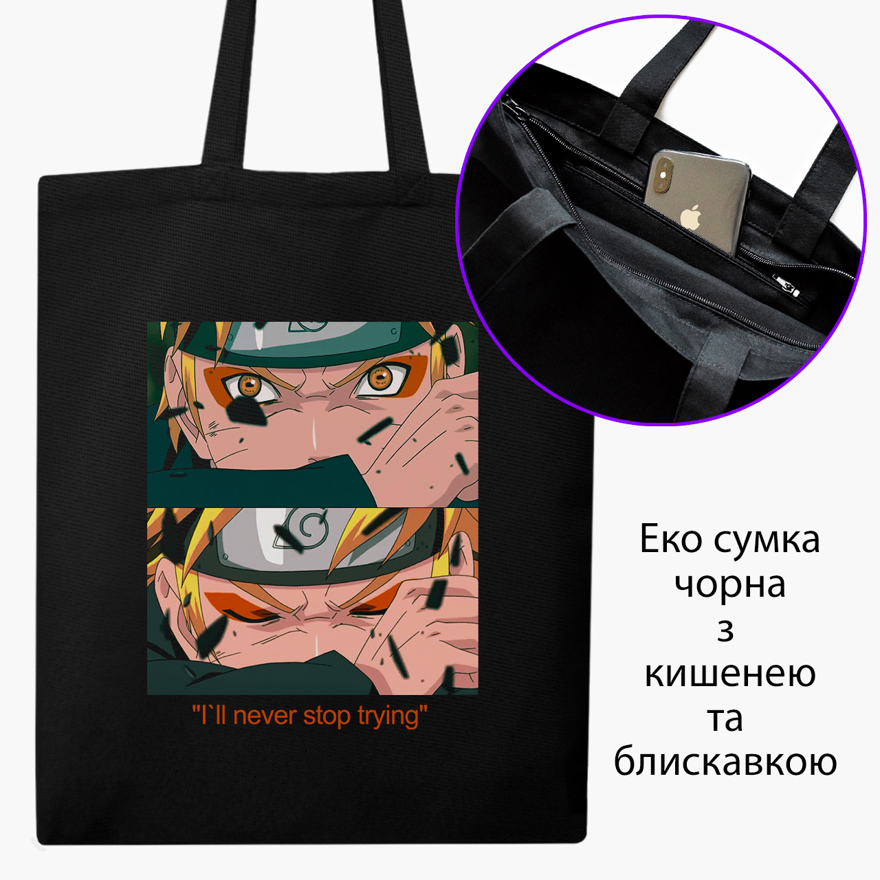 

Эко сумка шоппер на молнии Naruto Uzumaki (9227-2816) 41x35 см Черный