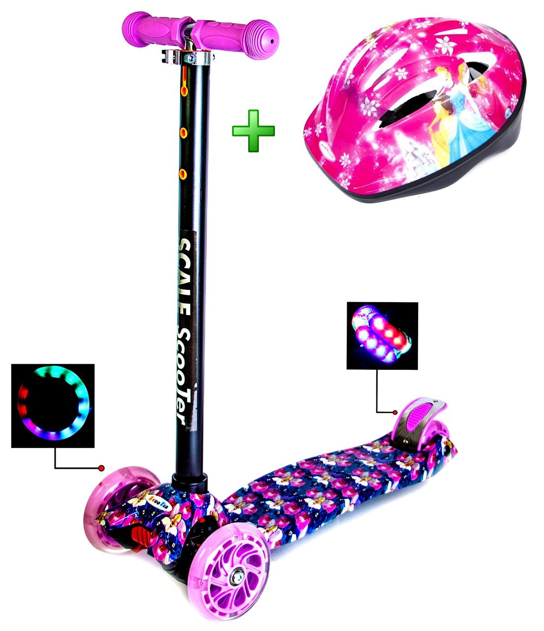 

Самокат Scale Sport Maxi Orchid с шлемом фиолетовый цвет светящиеся колеса