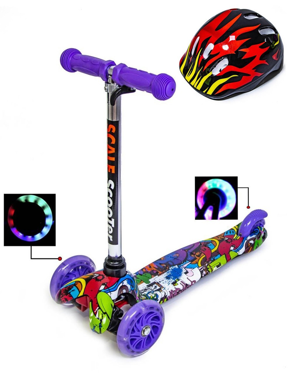 

Детский самокат Scale Sports Mini Graffity с шлемом фиолетовый цвет светящиеся колеса