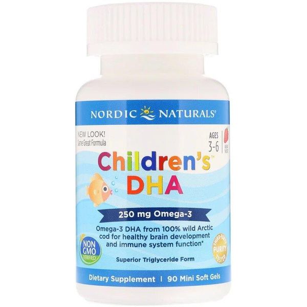 

Рыбий жир (ДГК) для Детей, (3-6 лет), 250 мг, Вкус Клубники, Children's DHA, Nordic Naturals, 90 мини капсул