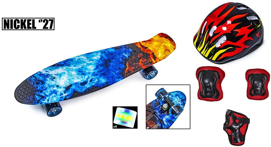 

Пенни Борд Scale Sport Nickel 27 Fire and Ice с комплектом черной защиты синий цвет светящиеся колеса