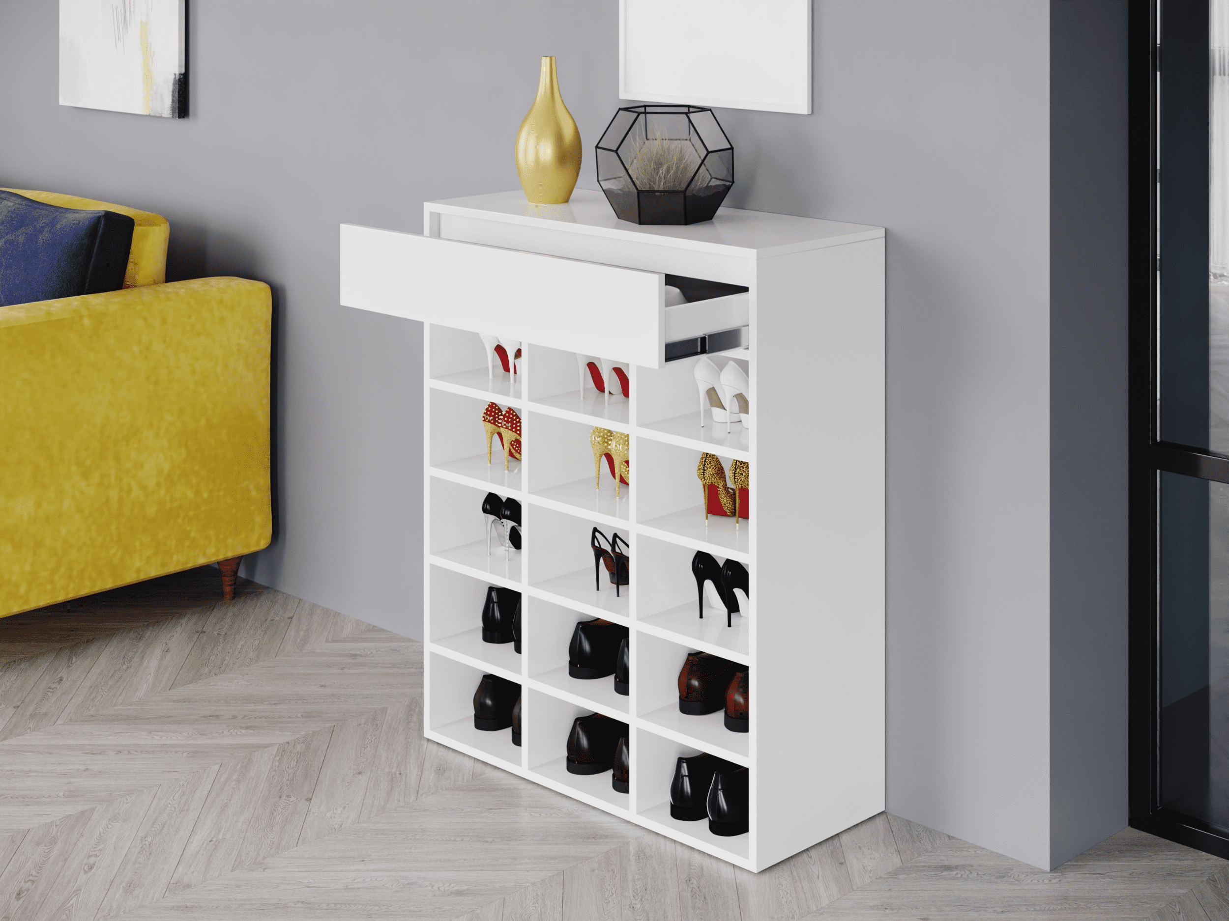 

Стеллаж под обувь на 15 ячеек с шухлядой VHRD 802х982х333 мм Белый (MV-115_B)