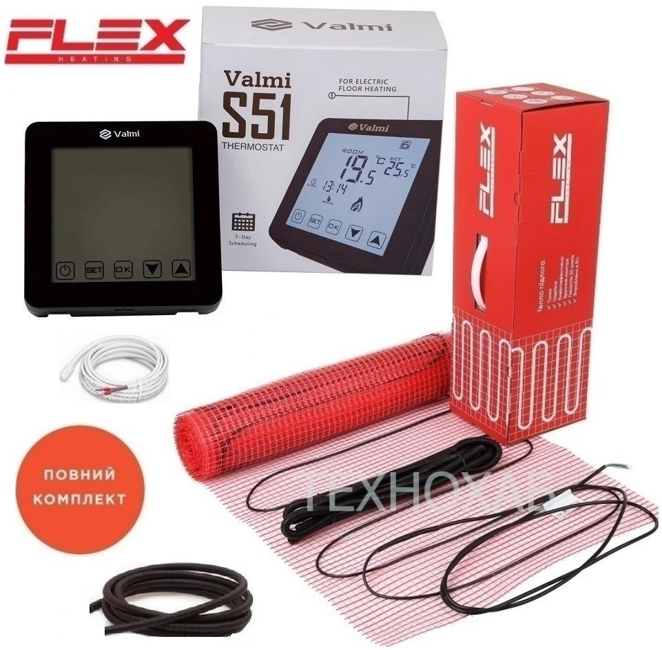 

Нагревательный мат Flex EHM 6м²/ 1050Вт/ 175Вт/м² электрический теплый пол под плитку с сенсорным программируемым терморегулятором Valmi S51