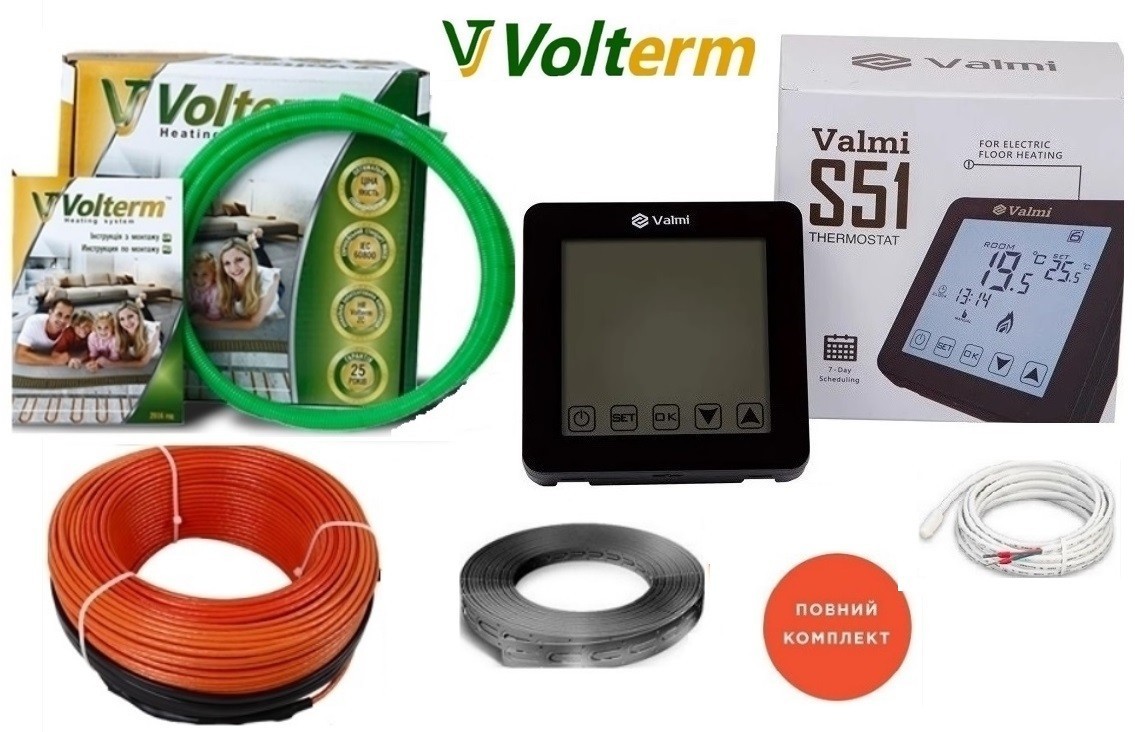 

Кабельный теплый пол Volterm 16м²-20м²/ 2900Вт (160м) электрический тонкий нагревательный кабель под плитку 18 Вт/м с сенсорным программируемым терморегулятором Valmi S51