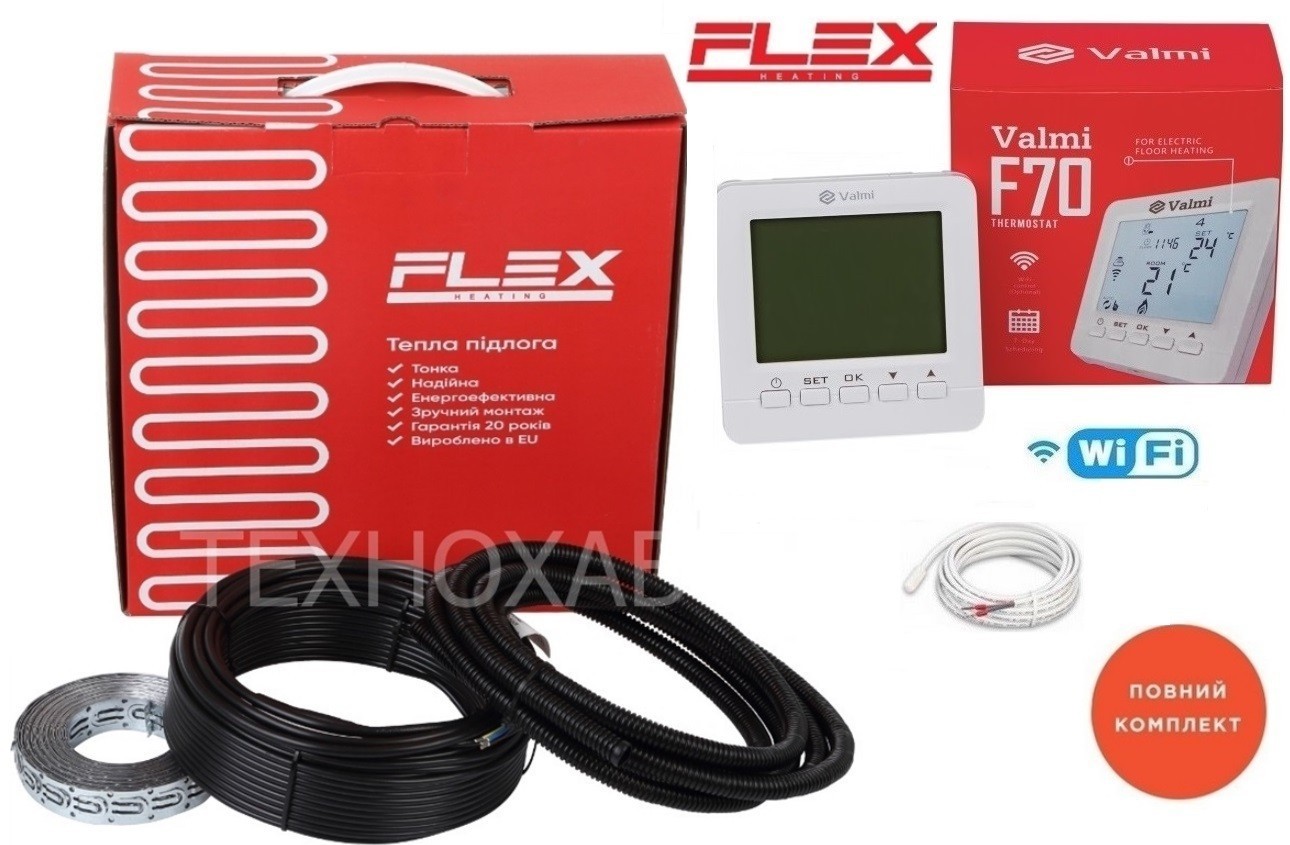 

Теплый кабельный пол Flex 5м²-6м²/ 875 Вт (50м) тонкий нагревательный кабель под плитку 17,5 Вт/м с программируемым терморегулятором Valmi F70 WI-FI