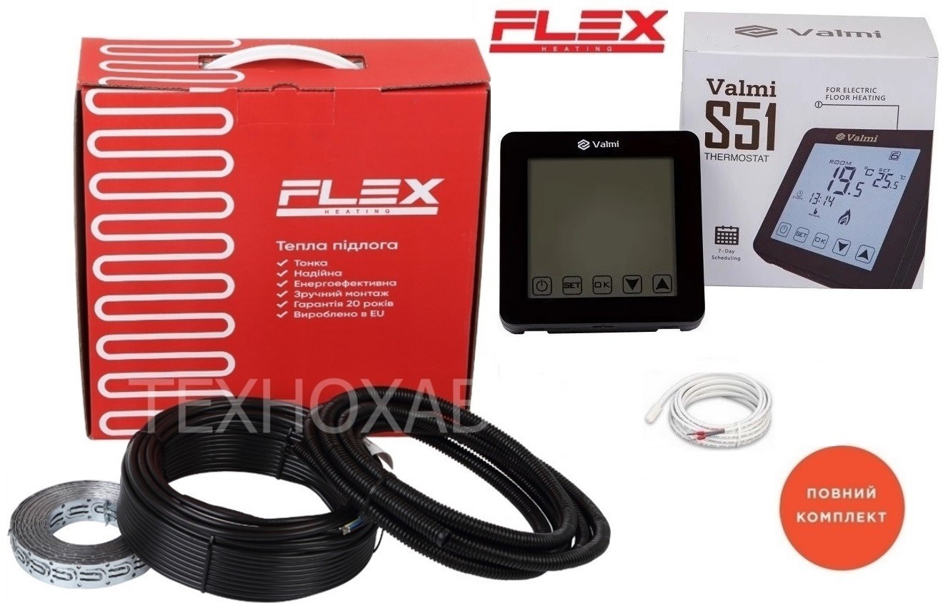 

Кабельный теплый пол Flex 1м²-1,2м²/ 175Вт (10м) электрический тонкий нагревательный кабель под плитку 17,5 Вт/м с сенсорным программируемым терморегулятором Valmi S51