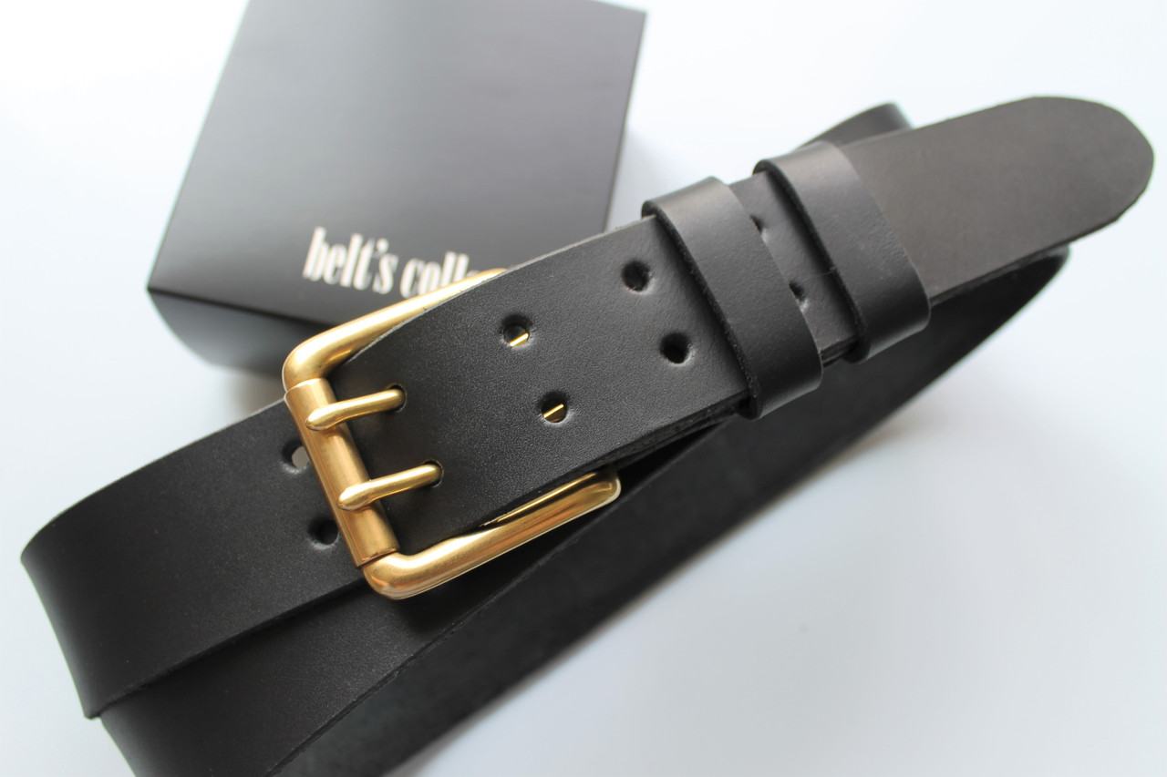 

Мужской ремень из натуральной итальянской кожи с латунной пряжкой LeathART 145х4 см. Черный