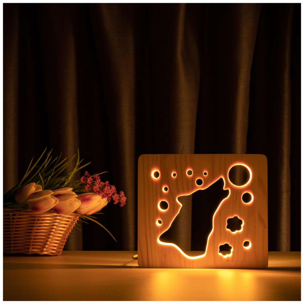 

Светильник ночник ArtEco Light с дерева LED "Волк и луна" с пультом и регулированием света, цвет тёплый белый