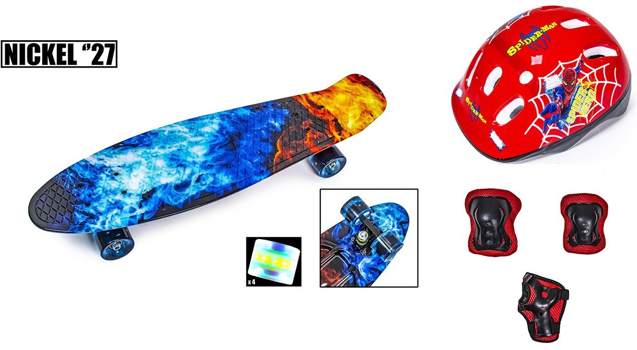 

Пенни Борд Scale Sport Nickel 27 Fire and Ice с комплектом красной защиты синий цвет светящиеся колеса