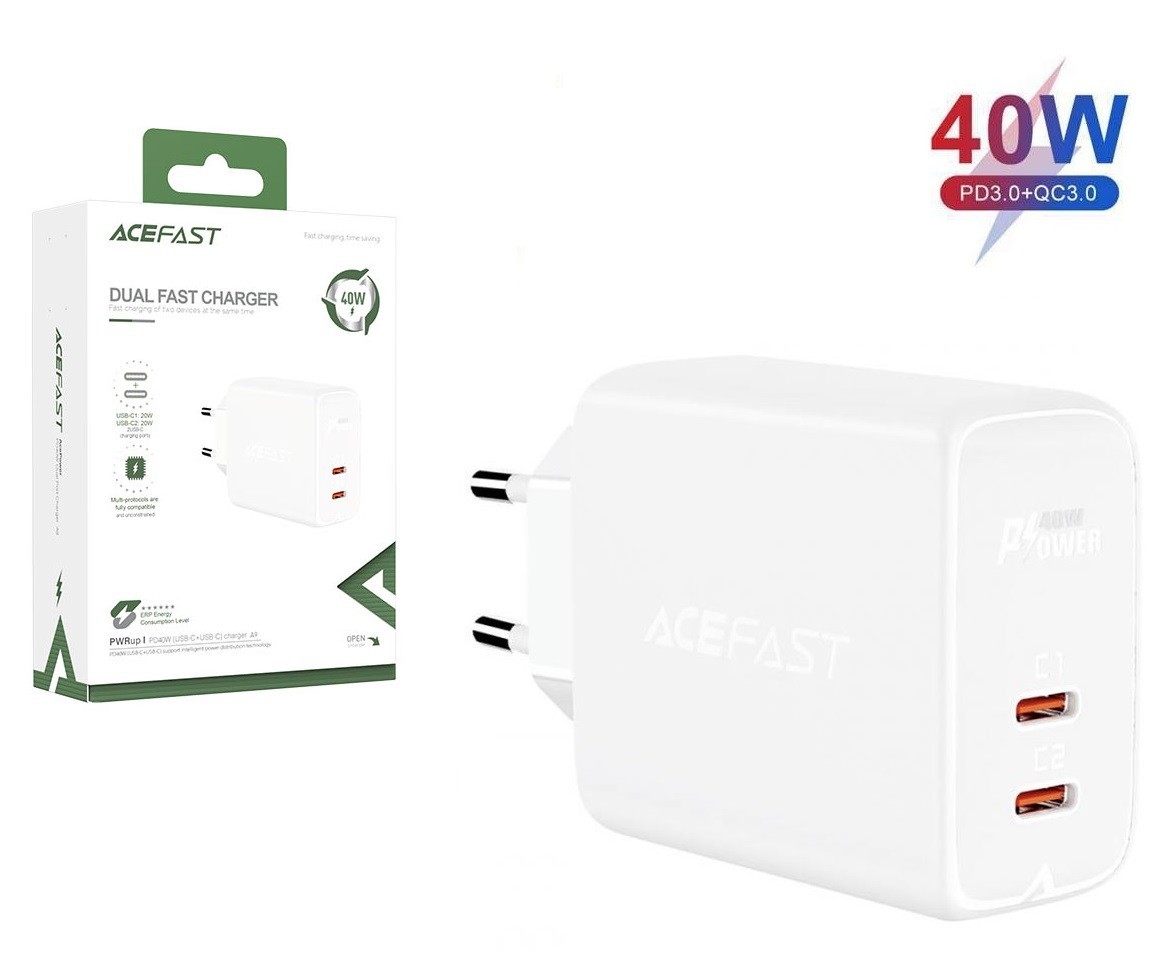 

Зарядное устройство Acefast 40W 2xType-C Quick Charger iPad/iPhone/Android white