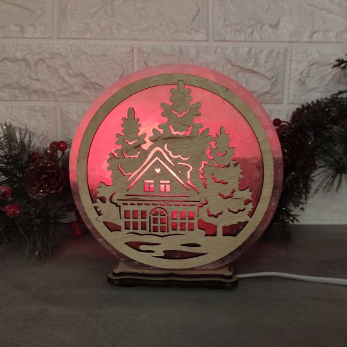 

Соляная лампа EcoDecorLamp круглая Домик в елках красная