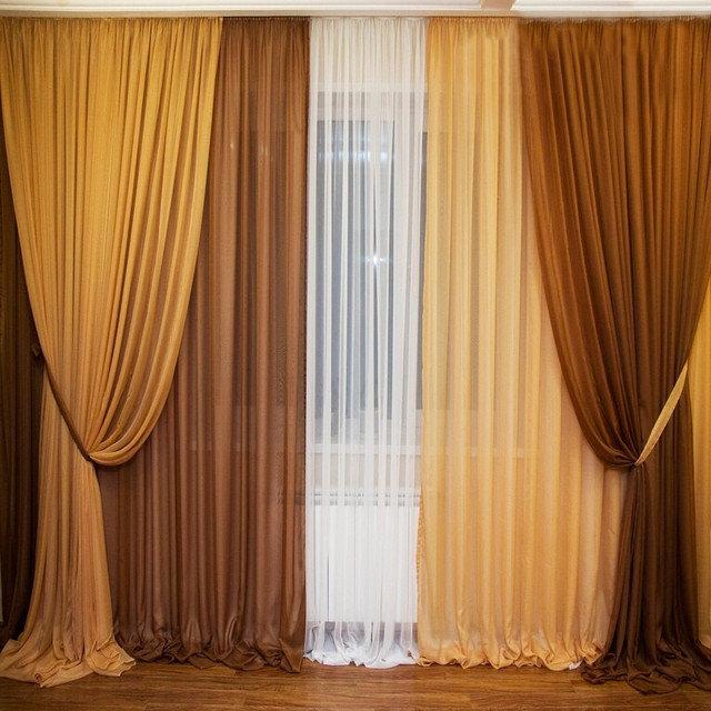 

Шторы Chtextil из шифона "Инь Янь" . Цвет коричневый с золотым Ширина каждой шторы по 3м