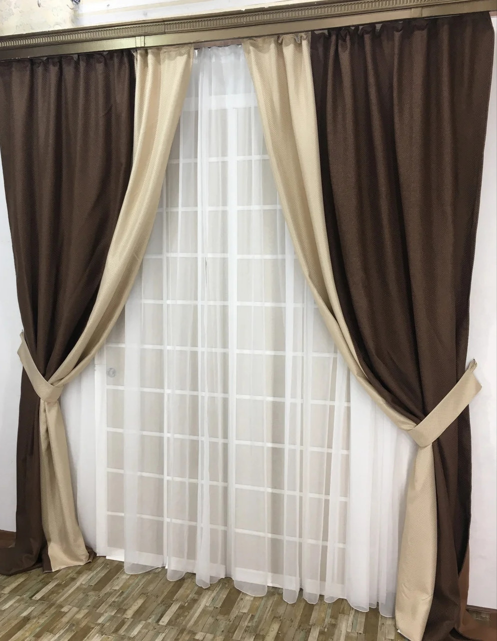 

Комбіновані штори Chtextil з тканини Льон Коричневий з бежевим