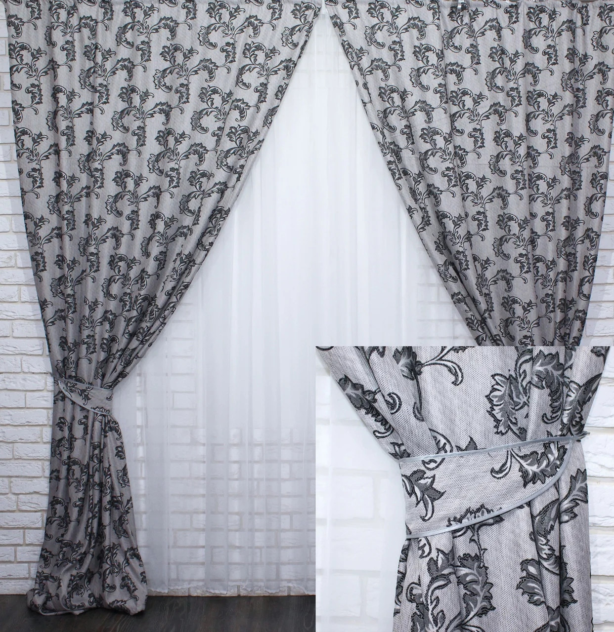 

Комплект штор Chtextil из ткани лён Ширина каждой шторы по 1.5м Серый с темно серым узором