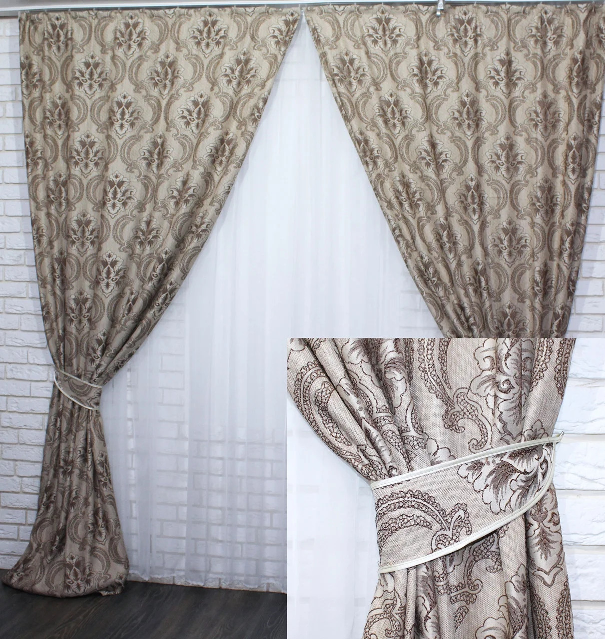 

Комплект штор Chtextil из ткани лён Ширина каждой шторы по 2м Серый с бежевым узором