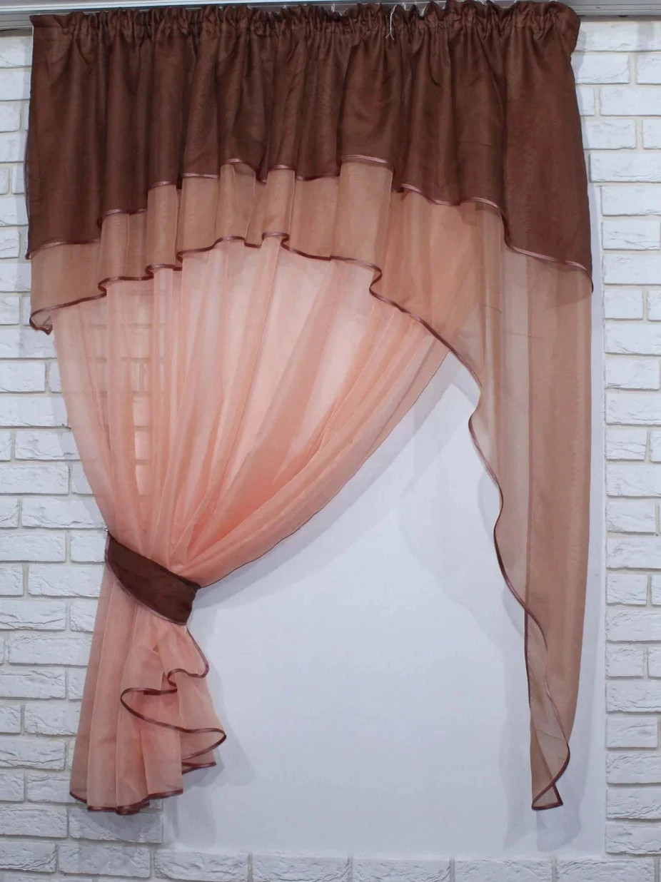 

Кухонный комплект Chtextil гардина с ламбрекеном Коричневый с розовым