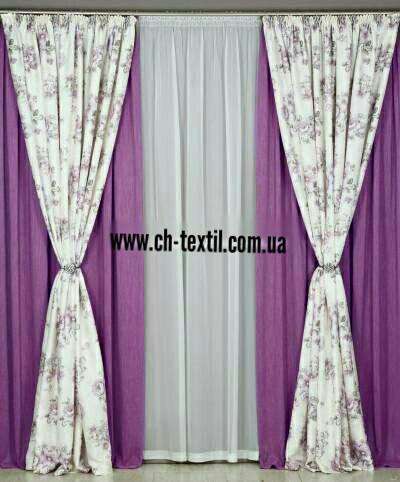 

Шторы Chtextil из ткани лен, 4 готовые шторы Сиреенвый с бежевым