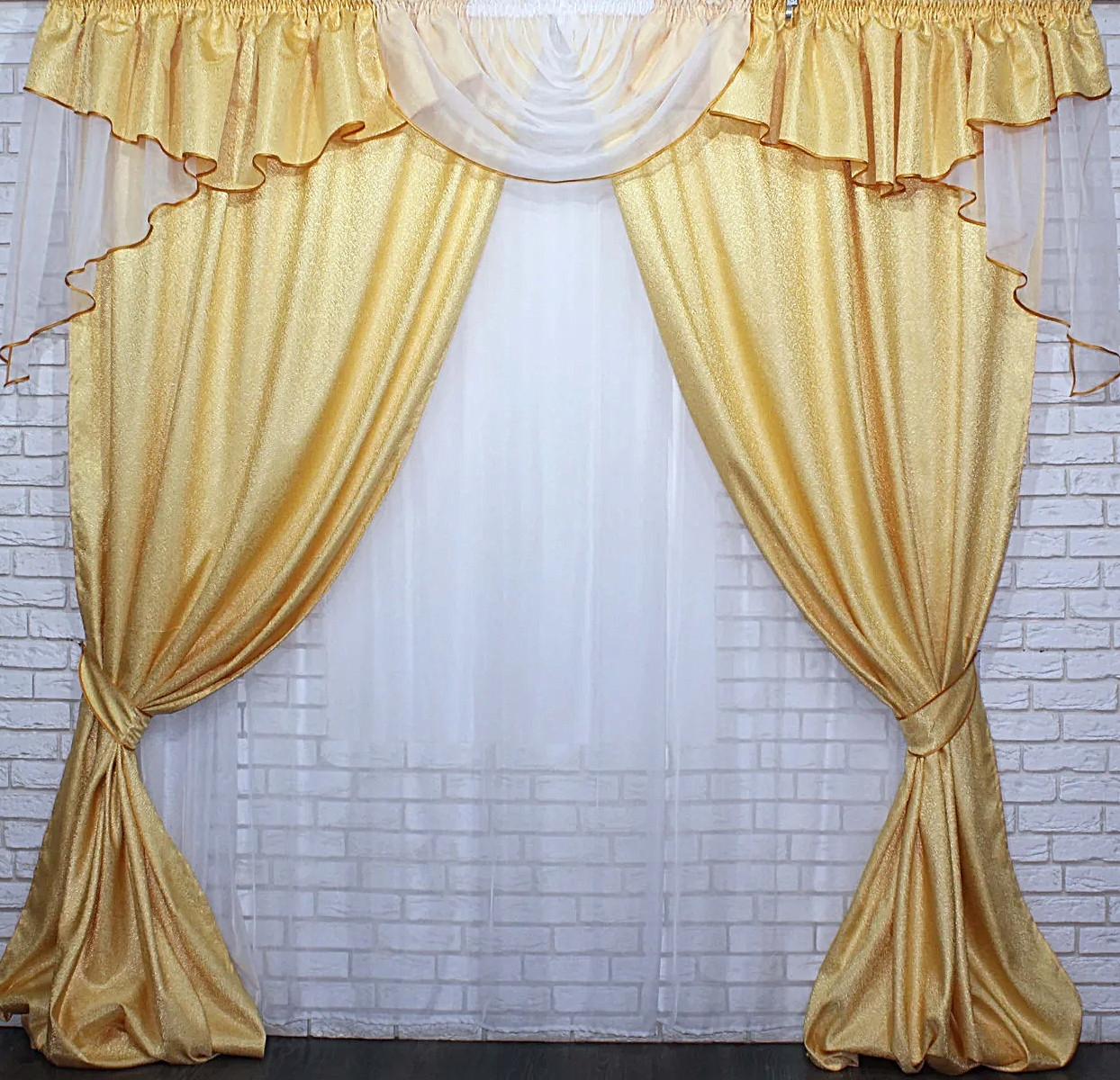 

Шторы с ламбрекеном Chtextil на карниз 3м. Белый с бежевым