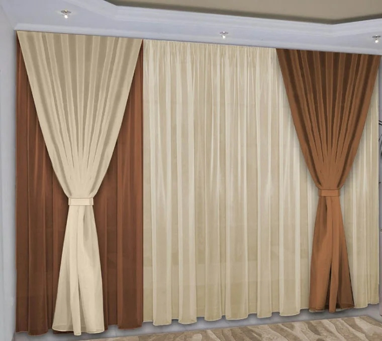 

Комплект штор и тюли Chtextil Коричневый с бежевым