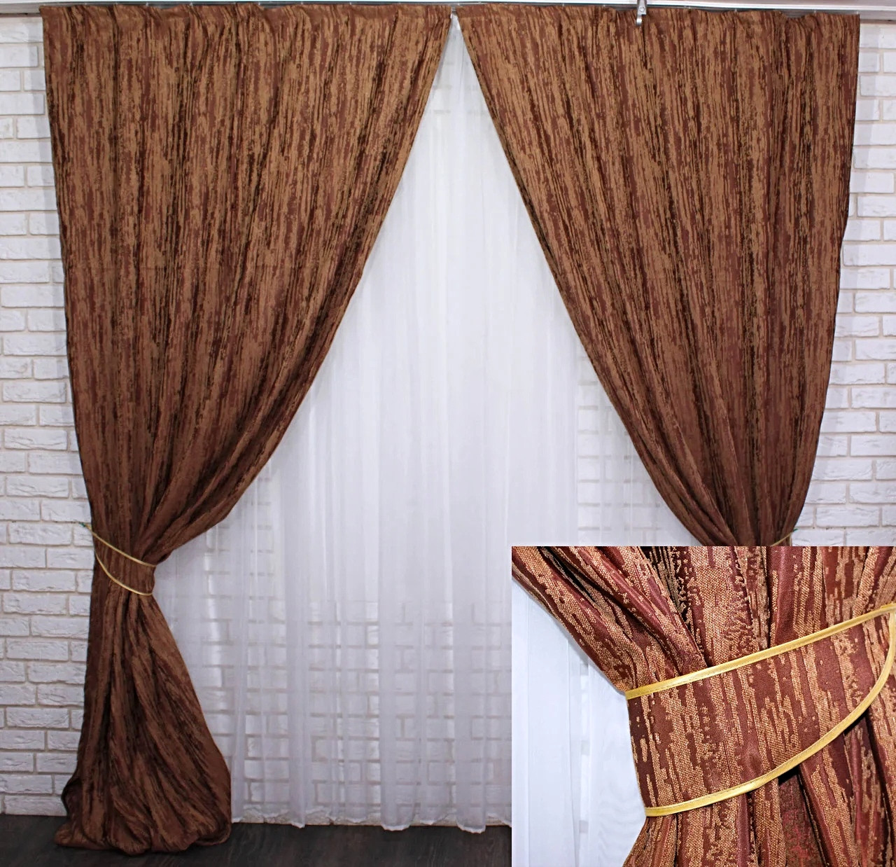 

Шторы Chtextil теракотовые, из ткани лен "Короед" Ширина каждой шторы по 1,5м