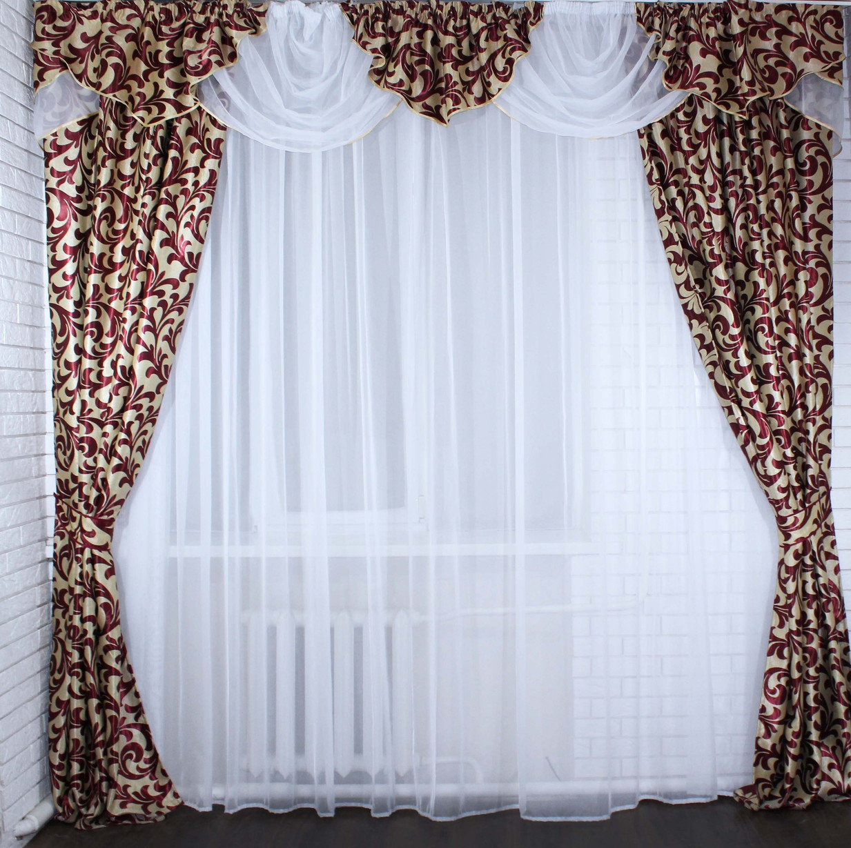 

Шторы с ламбрекеном Chtextil на карниз 3м из ткани Блекаут Бордовый/Белый