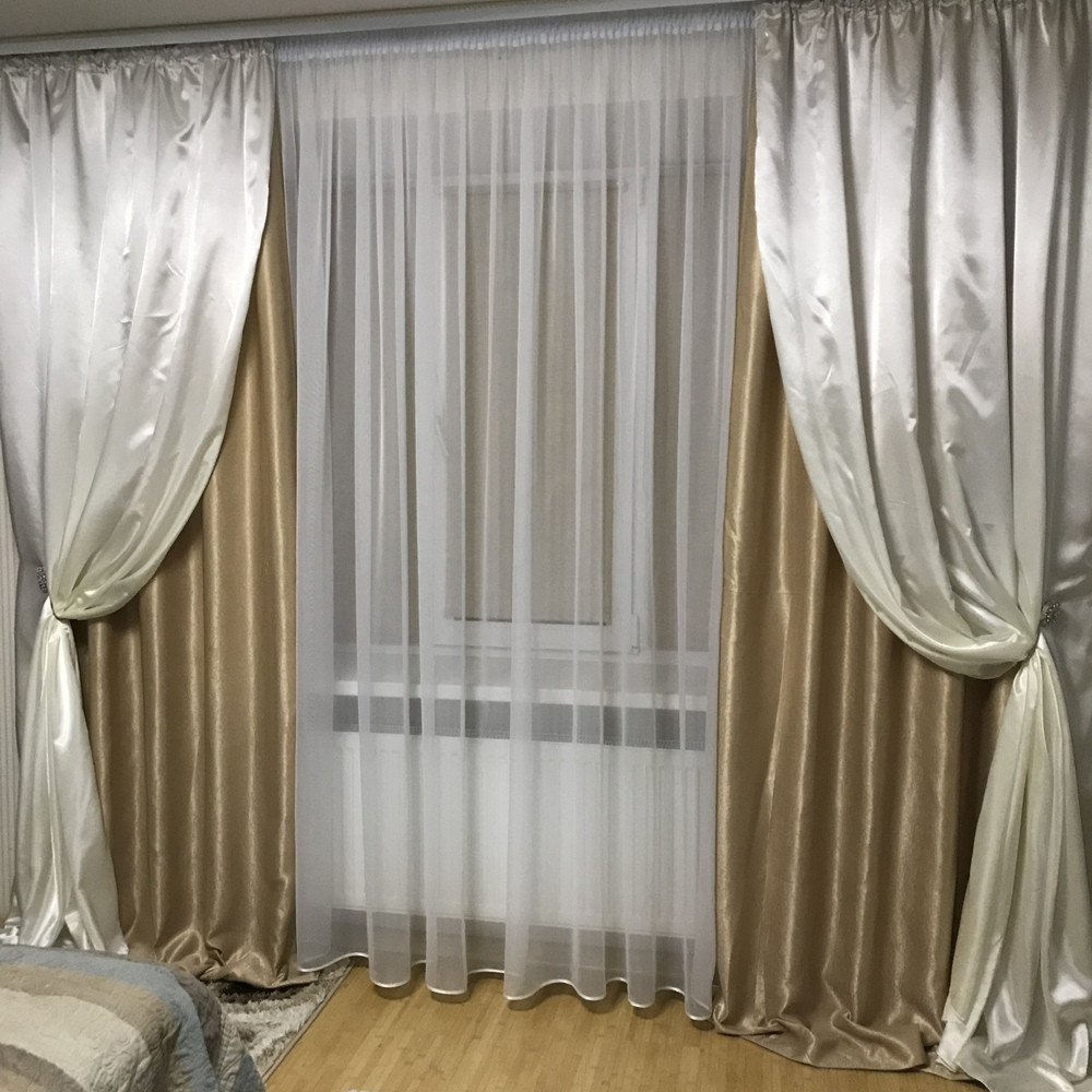 

Атласные шторы Chtextil Серые с бежевым в комплекте 4 готовых шторы