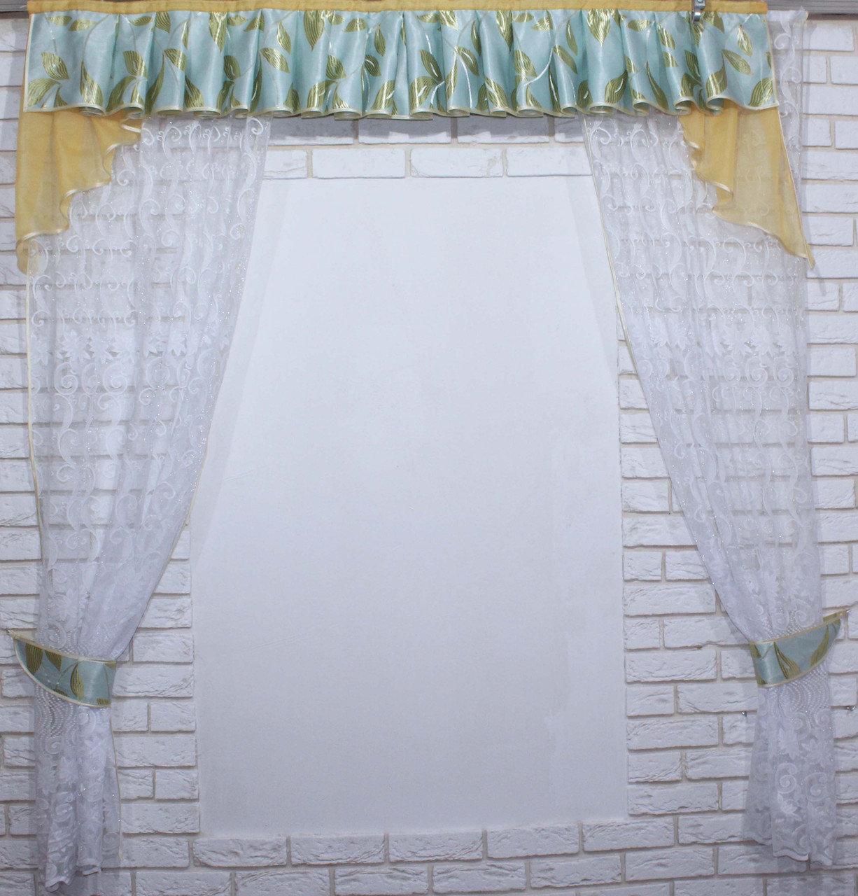 

Кухонный комплект Chtextil шторы с ламбрекеном и подвязками Белый с бирюзовым