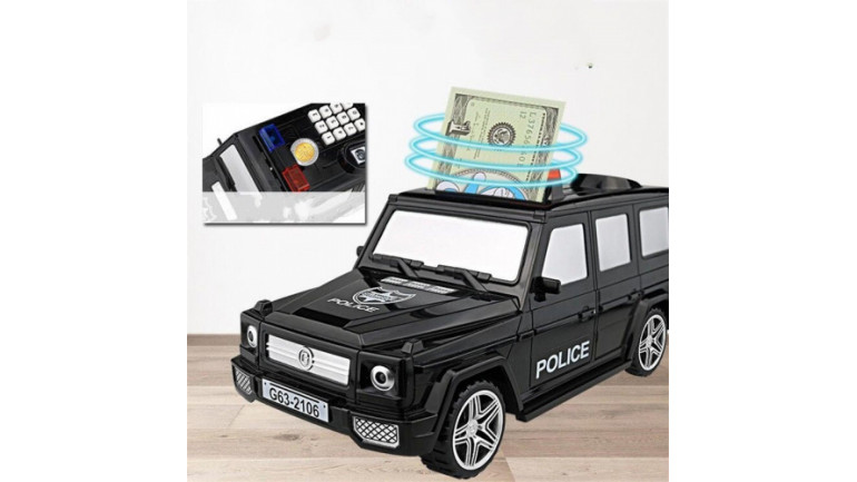 

Копилка сейф Полицейская машина G63 - 2106B Машинка копилка с кодовым замком купюроприемником и отпечатком пальца Черная