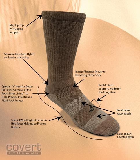 

Антибактериальные носки Covert Threads Sand Military Boot Sock X-Large, Coyote Brown