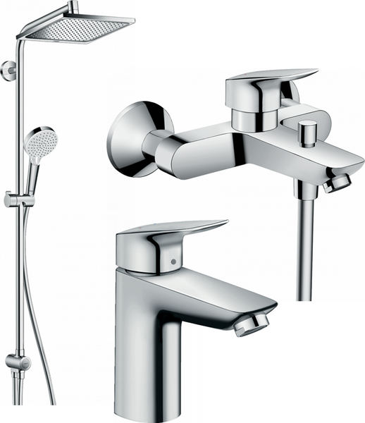 

Набір змішувачів для ванної кімнати Hansgrohe ЕCО (душова система 27289000 + змішувач для раковини Logis 71104000 + змішувач для ванни Logis 71400000) 20200002