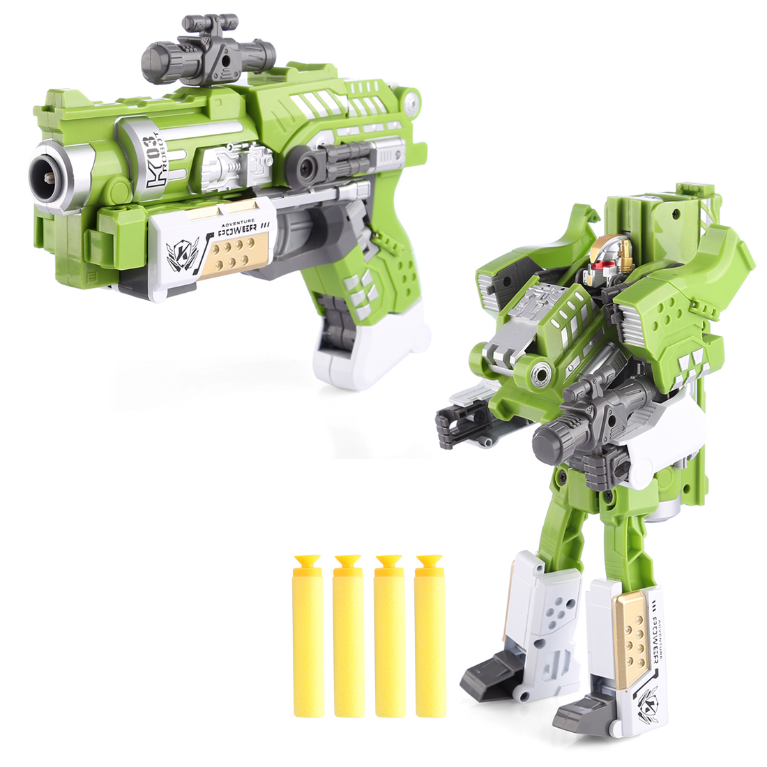 

Игрушка робот трансформер бластер KAILI TOYS стреляющий поролоновыми патронами с присосками 8 шт.(салатовый) 54597225SB453