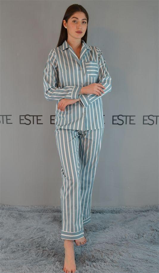 

Пижама женская рубашка штаны Este хлопковая в полоску / мятный 1618, Пижама женская рубашка штаны Este хлопковая в полоску 40/42 мятный 1618