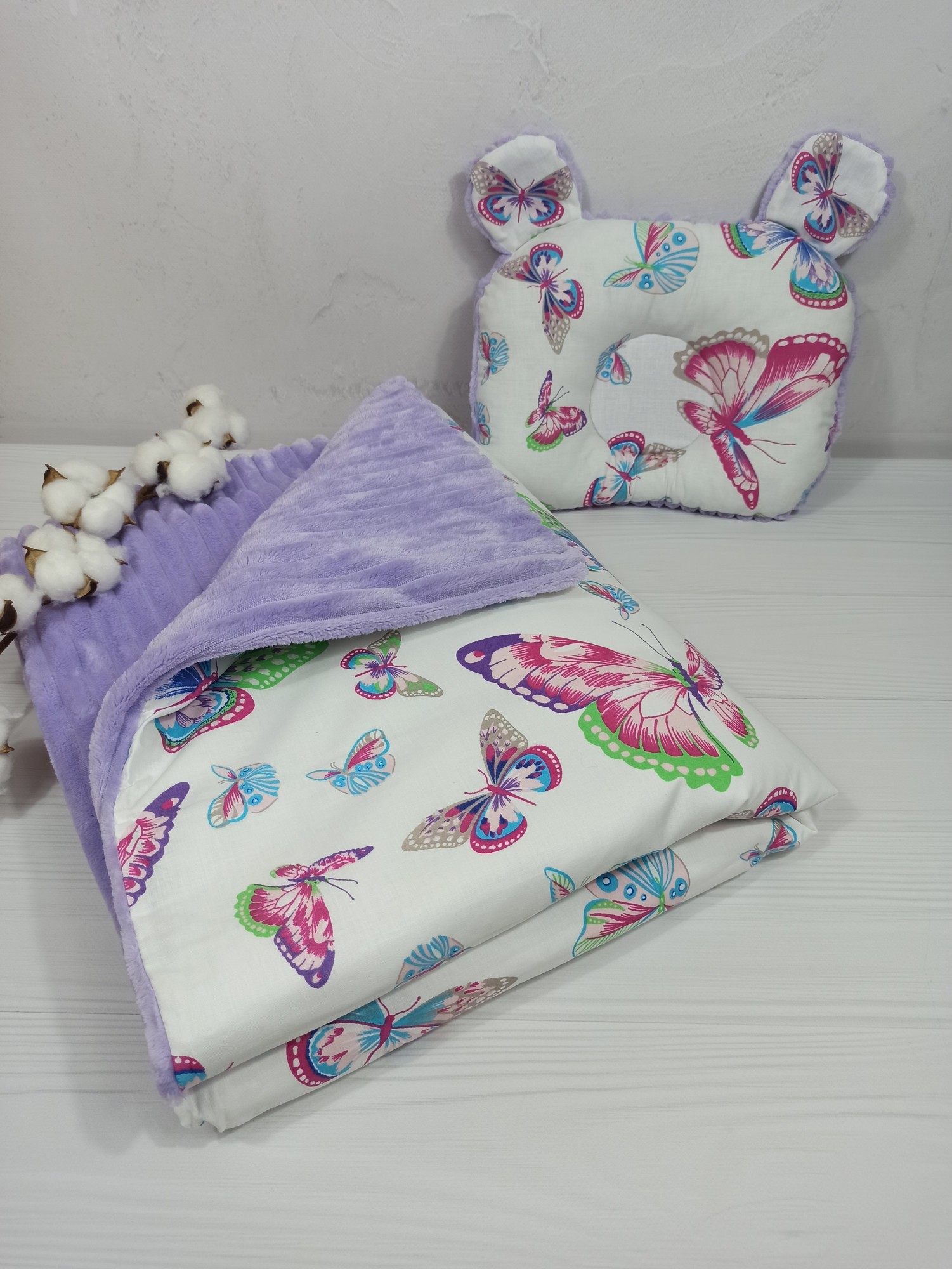 

Плед 2в1 со съёмным утеплителем + подушка a.l.babybox Бабочки Фиолетовый