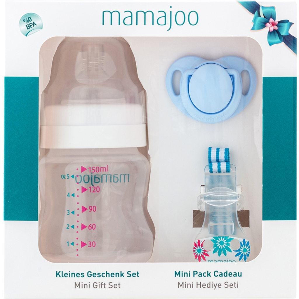 

Набор для кормления новорожденных Mamajoo Мини подарочный с бутылкой Silver 150 мл Голубой (8697767123107)