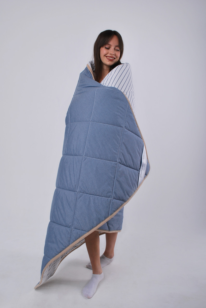 

Ковдра Lite з вовни мериносів Синя/Смужки 140х200