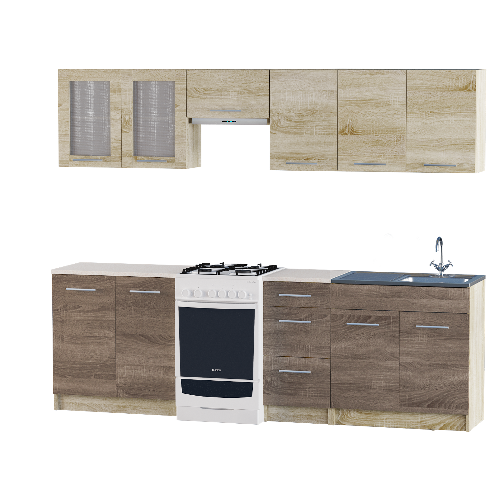 

Кухня модульная со столешницей накладной мойкой и сифоном Эверест Эко набор 2.5 м Комби Дуб Сонома Трюфель