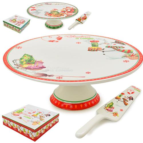 

Тортовница на ножке с лопаткой Stenson Christmas TL-00110 2 предмета 30х9 см