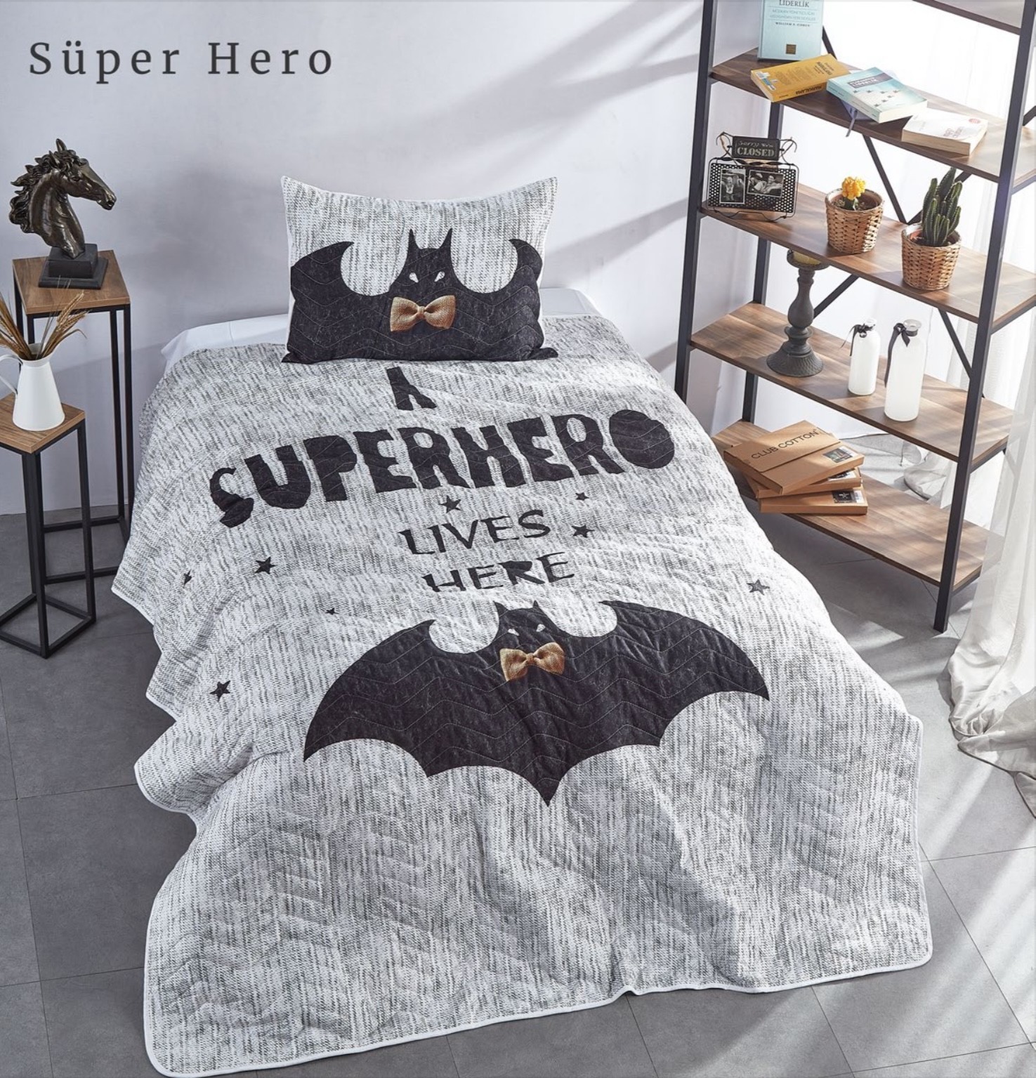 

Стёганное покрывало с наволочкой The Club Cotton Super Hero серый полуторное ранфорс