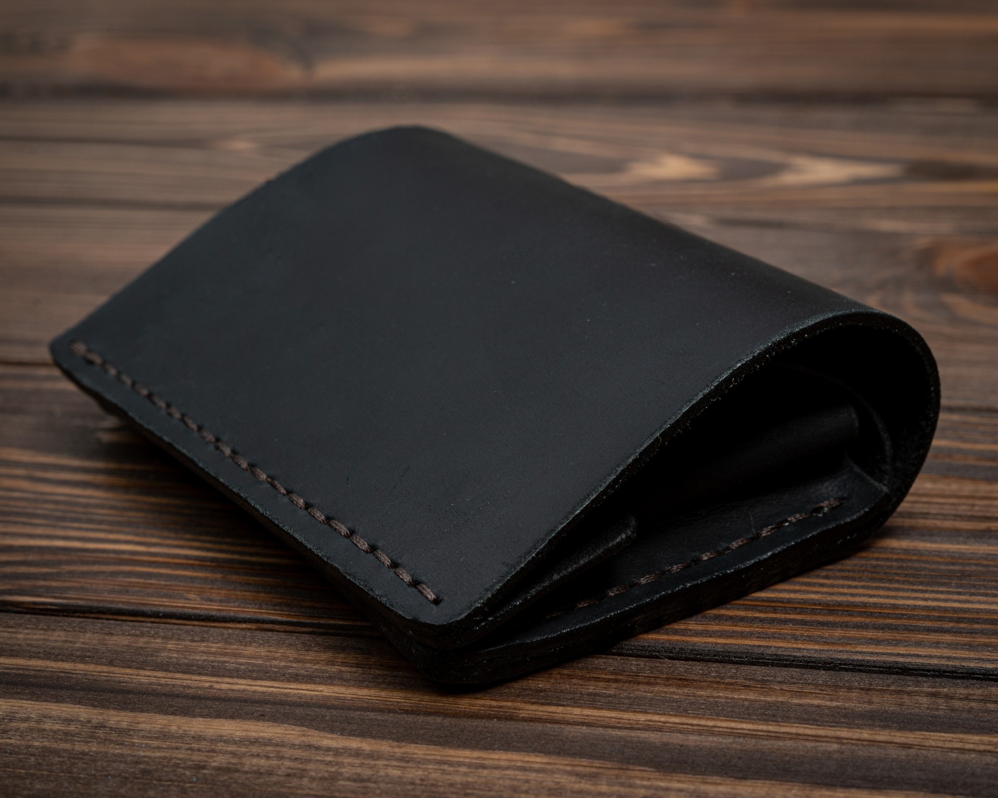 

Кожаный кошелёк из натуральной кожи Крейзи Хорс ручной работы DMS Leather (бифолдер, портмоне, бумажник) женский или мужской MINIMALISM с монетницей матовый Оливковый