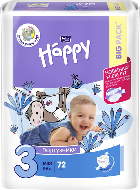 

Подгузники детские Bella Baby Happy Midi 5-9 кг 72 шт