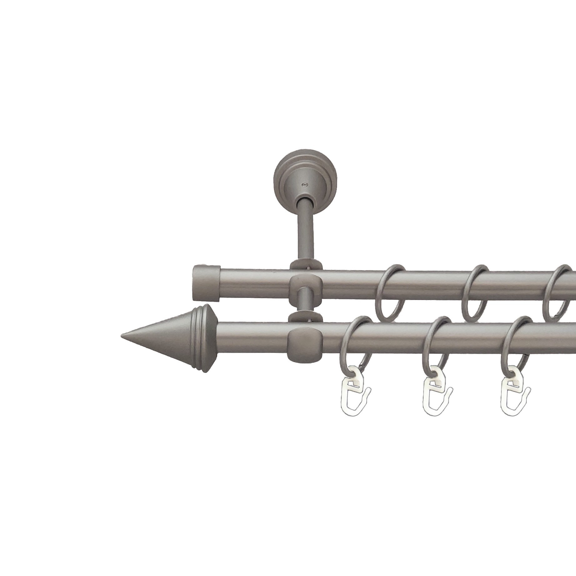 

Карниз Orvit Конус металевий дворядний відкритий гладка труба кільце металеве Сатин 16\16 мм 200 см
