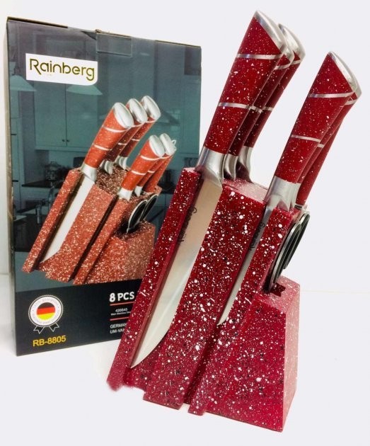 

Набор кухонных ножей Rainberg Rb-8805 с акриловой подставкой + мусат и ножницы 8 предметов Красный