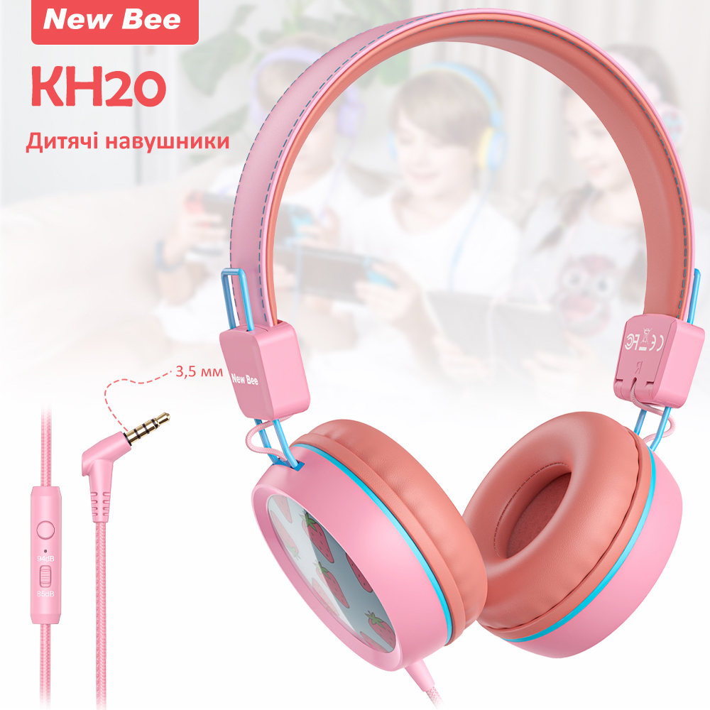 

Детские накладные наушники с микрофоном проводная гарнитура New Bee KH20 Pink