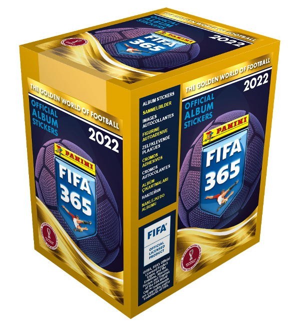 

Коробка с 50-ю пакетиками наклеек Panini FIFA 365 2022