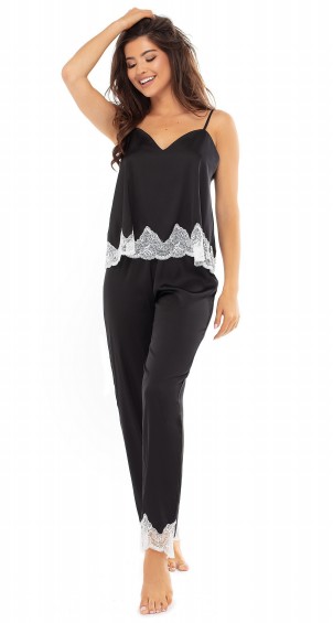 

Пижама шелковая женская c брюками Sambario Laura 61826 М черный с бежевым