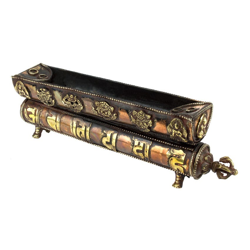 

Подставка для благовоний Лодка Восемь символов счастья Тубус Ручная работа Металл 25/7,4/4,8 см Медный