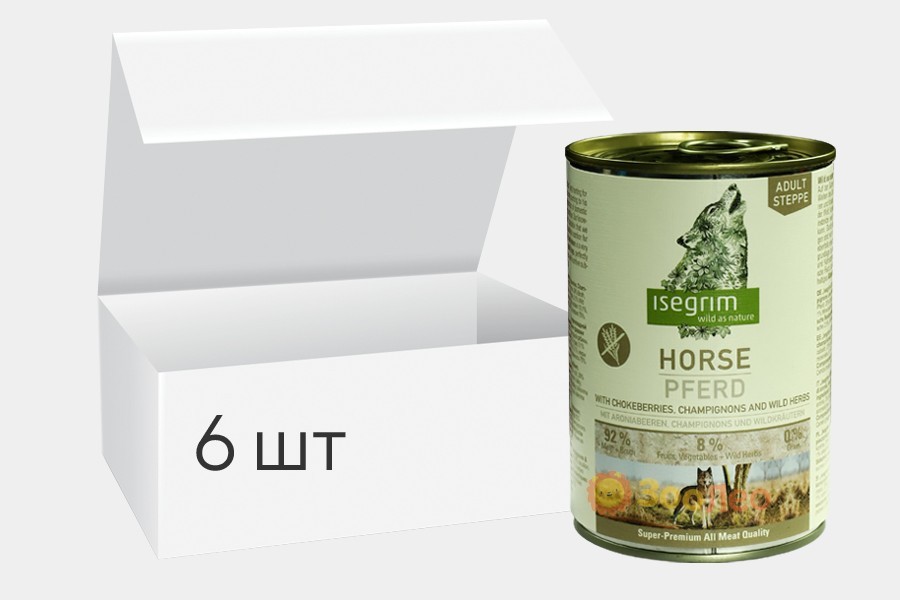 

Упаковка влажного корма для собак isegrim adult steppe конина с черноплодной рябиной, шампиньонами и дикими травами 400г 6шт