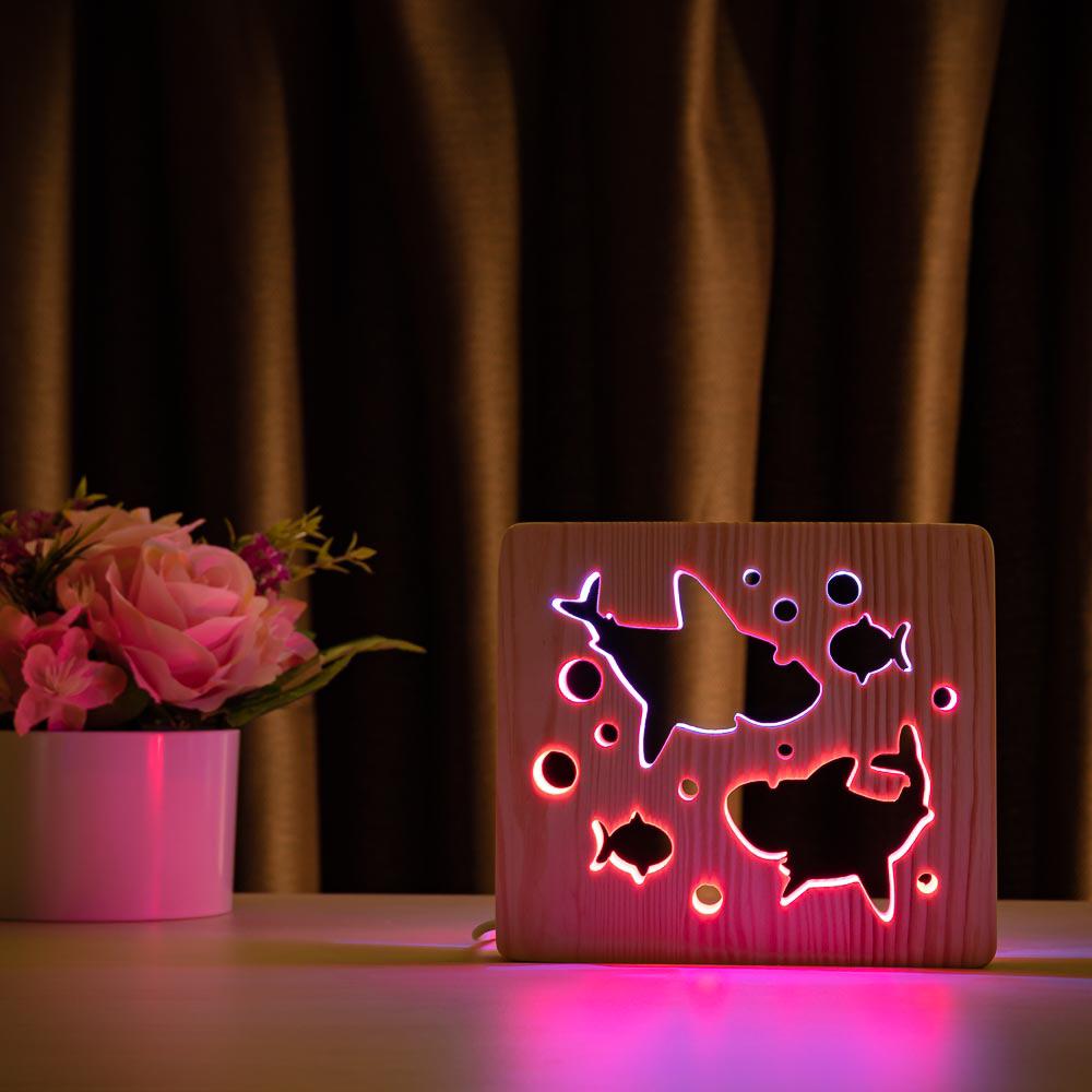 

Светильник ночник ArtEco Light из дерева LED "Две акулы и рыбки" с пультом и регулировкой цвета, двойной RGB